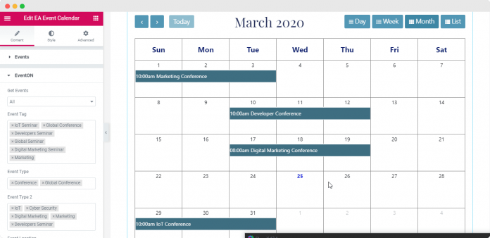 google calendar using EA events elements