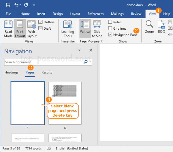 remove a page in word